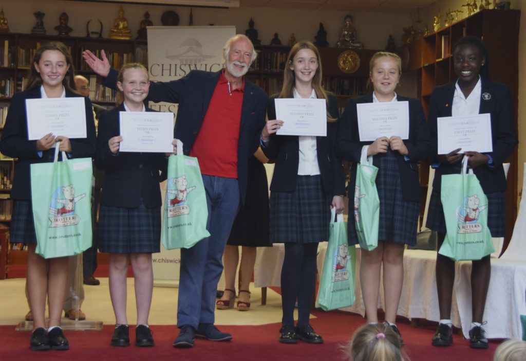 Roger McGough congratulates the winners of the 2018 Chiswick Book Festival young person's poetry competition