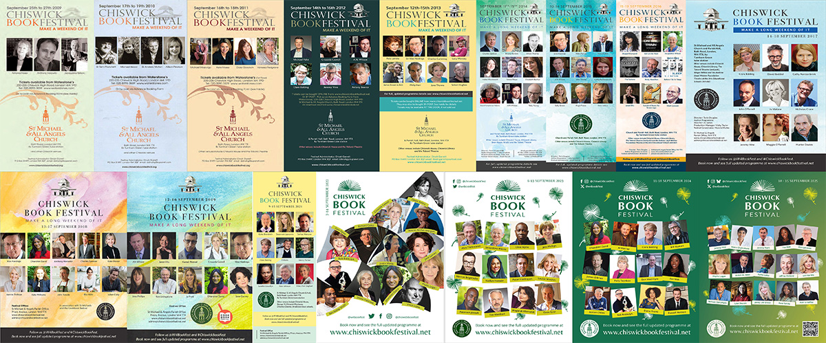Montage of covers of Chiswick Book Festival brochures 2009-2025