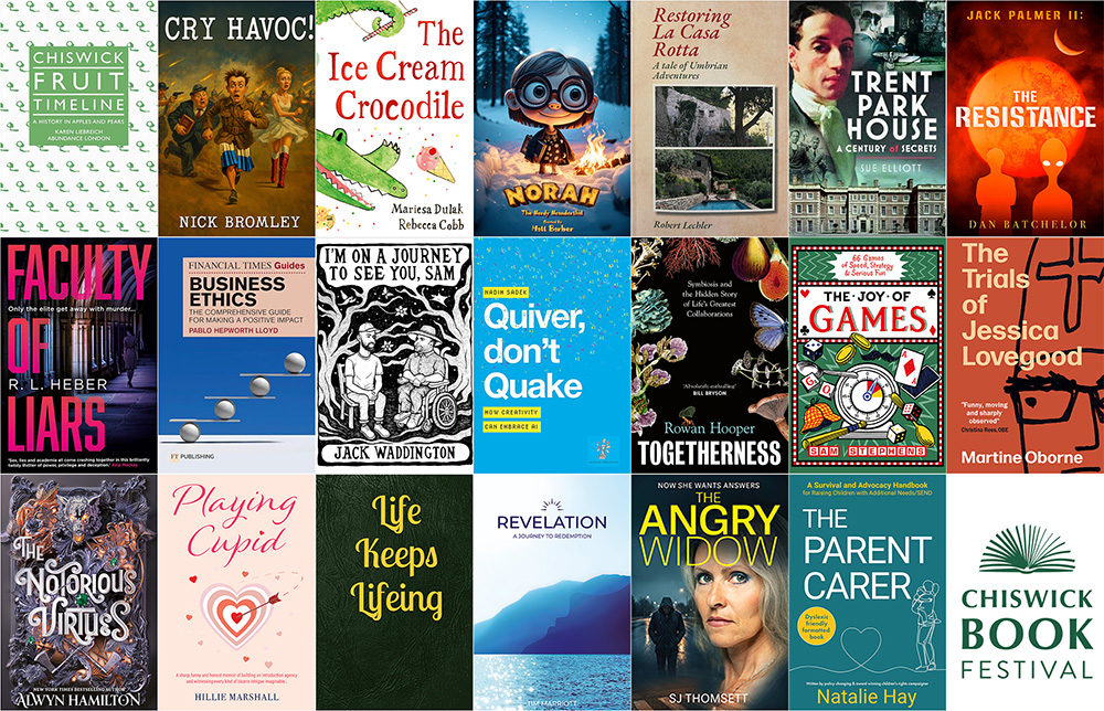 Covers of the books to be featured at the 9 September Local Authors Showcase at the 2026 Chiswick Book Festival.