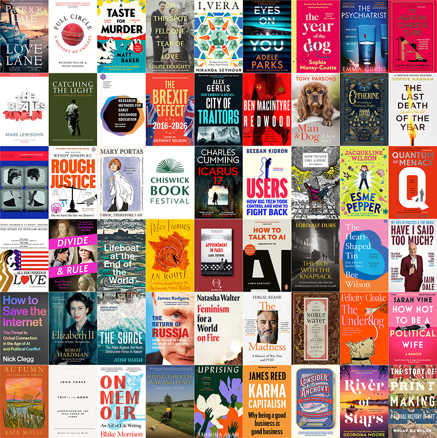 Mosaic of covers of the books to be featured at the 2026 Chiswick Book Festival which takes place 9-14 September 2026.