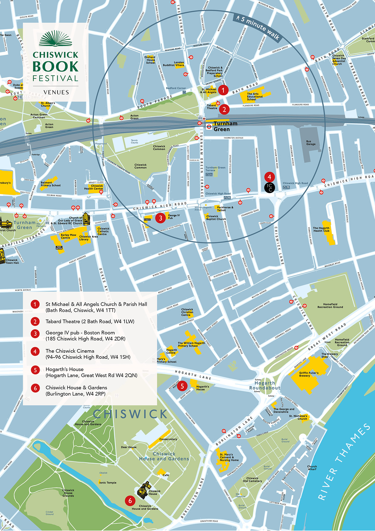 Map showing venues for the 9-14 September 2026 Chiswick Book Festival.